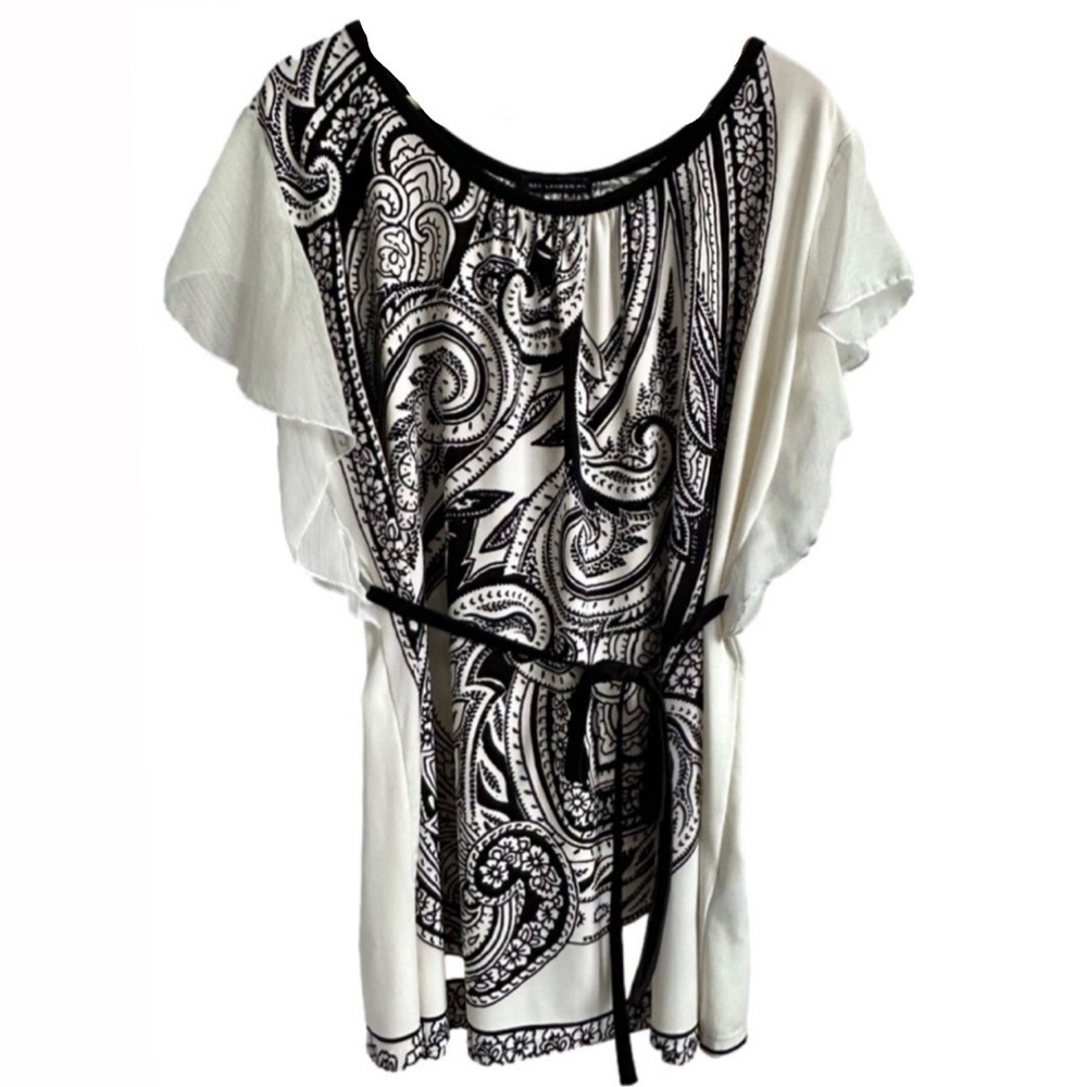 QED London Tunic Top Dress White Black Paisley Flutter Sleeves - Large